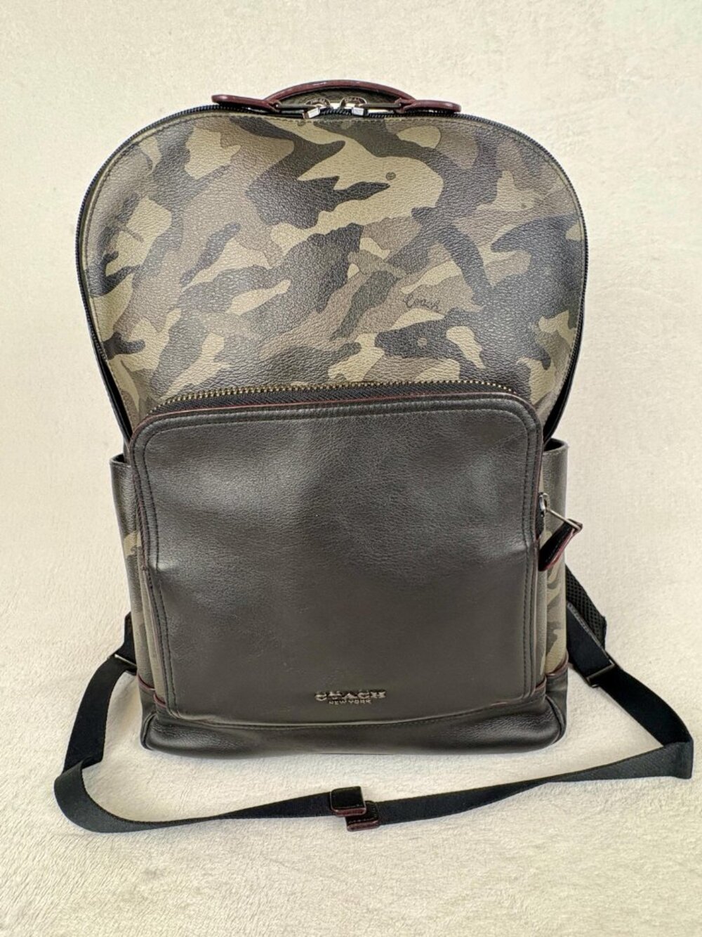Coach Graham Backpack in Green Multi Camo Print Coated Canvas with Leather Trim